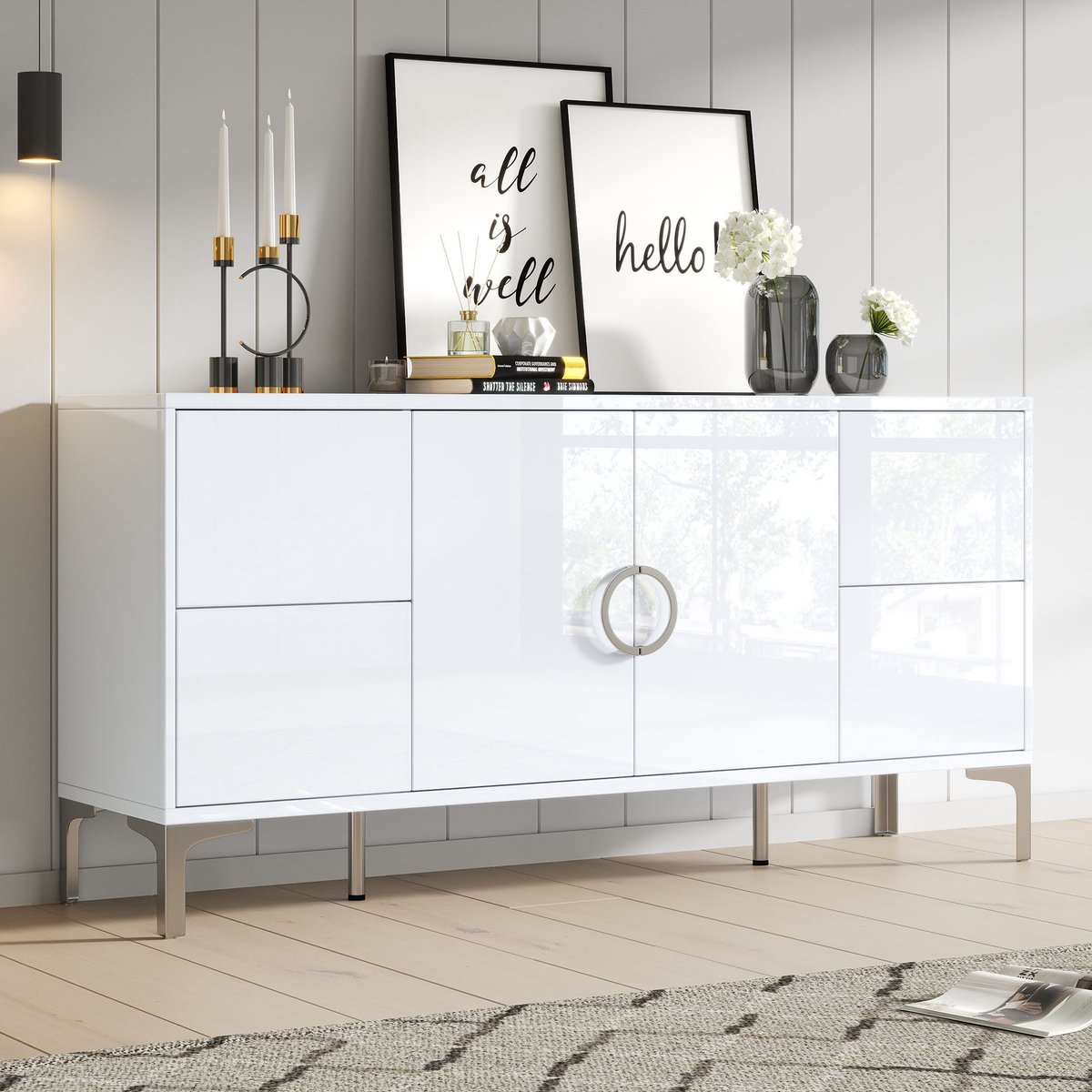 HAUSS SPOLE Dressoir - Hoogglans Met 4 Greeploze Lades En 2 Deuren - Opbergkast Voor Woonkamer En Eetkamer - MDF Wit - 150x38x59,5 Cm