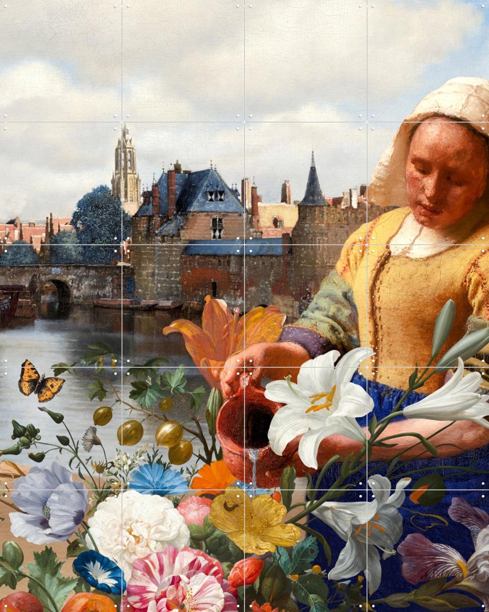 IXXI Het Melkmeisje - View of Delft Garden Edition, Marja van den Hurk - 80 x 100 cm - Gratis ophangtool - Grote wanddecoratie en posters -