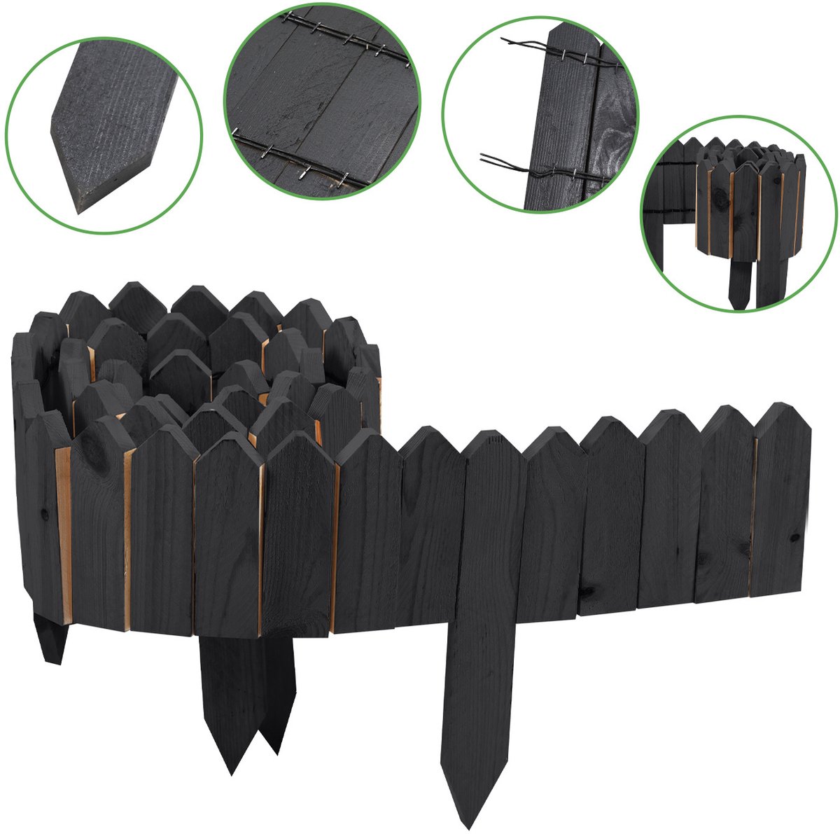 Borderrand Palissade Dennenhout - Rollborder Flexibele houten hek 200 x 10 cm - Dennenhouten Tuinafscheiding Bedrand - Decoratieve Borderranden - Antraciet