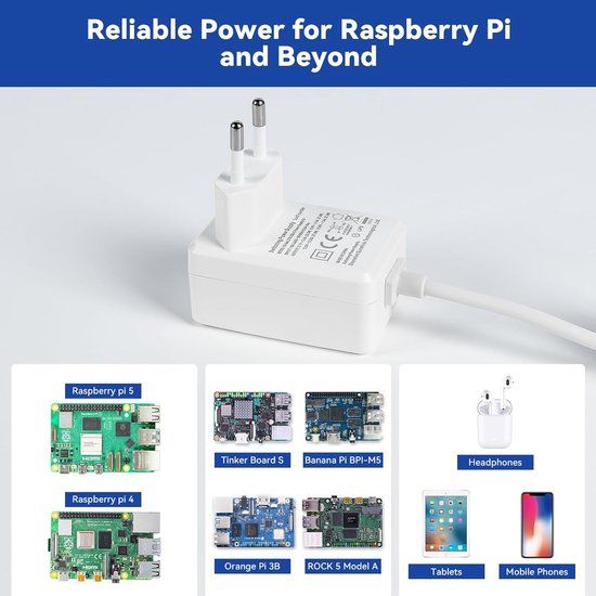 Voeding Raspberry Pi 4 Krachtige 27W USB-C PD Voeding voor Raspberry Pi 5 en andere apparaten ...