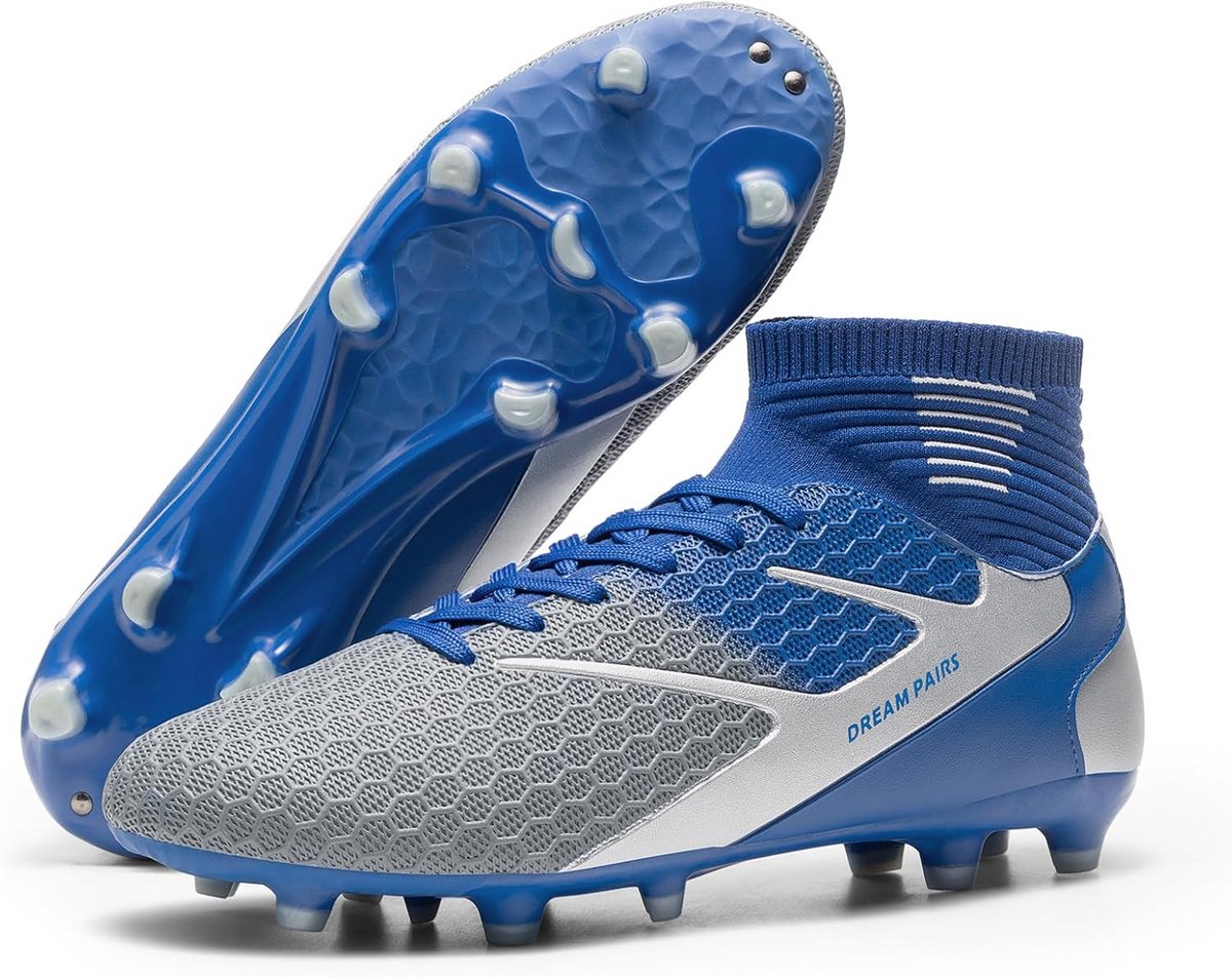 Lichtgewicht heren voetbalschoenen met veters, grijs-blauw, geschikt voor training en competitie, met stevige pasvorm.