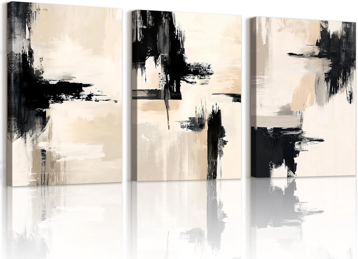 Minimalistische Canvas Schilderijen Abstract Zwart Beige Grijs Ingelijste Kunst Prints voor Woonkamer en Slaapkamer
