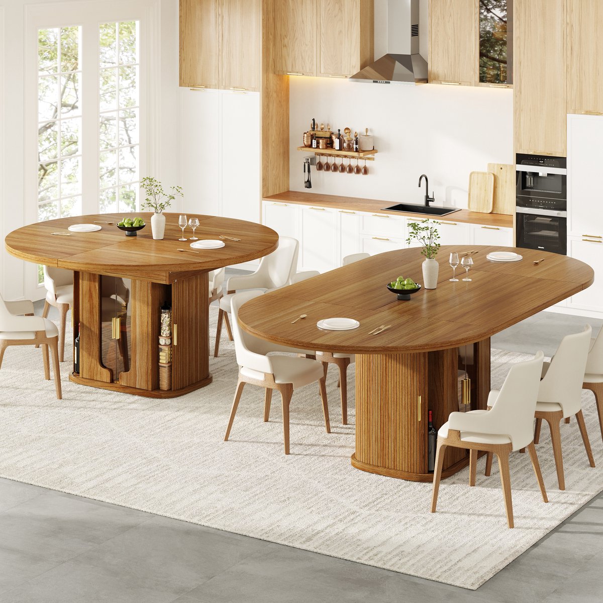 STILVORA Uitschuifbare Eettafel - Rond Naar Ovaal Met Opberglades En Glazen Fronten - Voor Eethoek En Woonkamer - MDF - 118-158x118x77 Cm - Walnoot