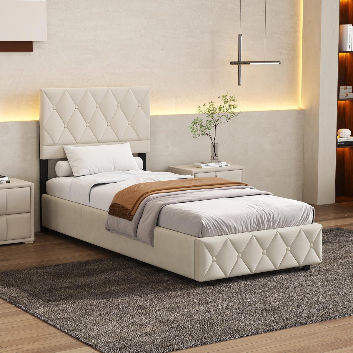 FloraGrace Opbergbed 90x200 - Gestoffeerd Bed - Eenpersoonsbedden - 2 USB-poorten - Modern Design - Beige
