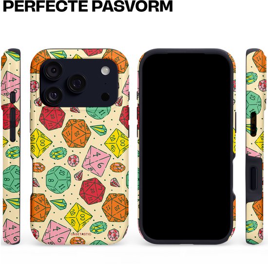 Telefoonhoes met een patroon van veelzijdige dobbelstenen in rood, oranje, groen, geel en roze, met daartussen edelstenen.