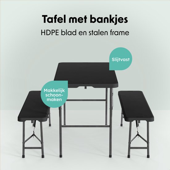 LifeGoods Inklapbare Picknickset - 124cm x 61,5cm - Tuintafel met 2 Banken - Weerbestendig - Campingtafel - Biertafel Opklapbaar - Voor Binnen en Buiten - Voor 4 tot 6 Personen - Zwart van Merkloos — afbeelding 3