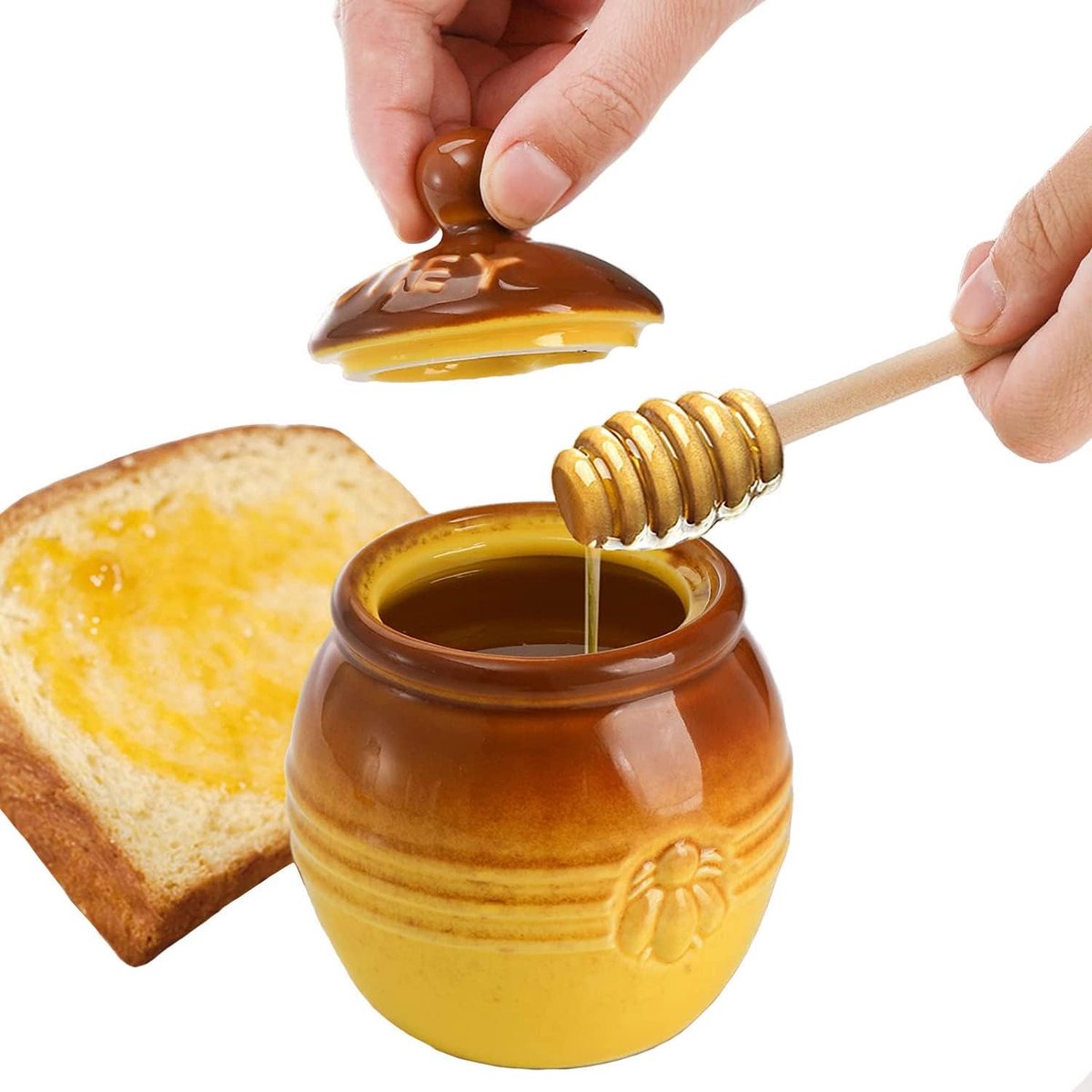 Honingpot Keramiek - Opslag Pot - Keuken Serveert - Inclusief Lepel Deksel - 9.3 x 11.99 cm