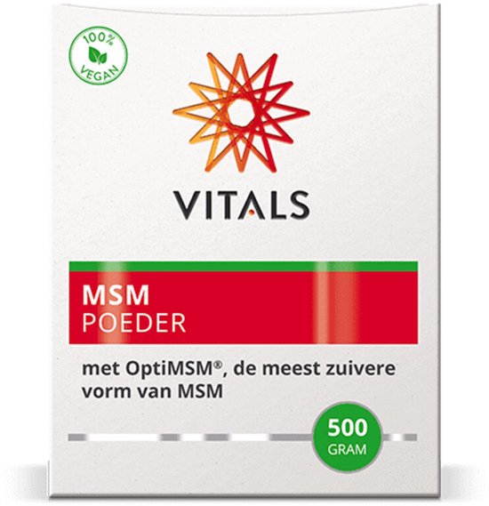 Vitals MSM Poeder: doosje met rode band "MSM POEDER", "100% VEGAN" logo en "500 GRAM" in groene cirkel.