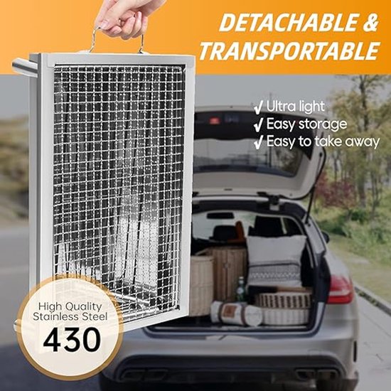 Picknick Barbecue RVS - Draagbare Houtskool Grill 40×28 cm - Camping BBQ met Uitneembaar Rooster en Ventilatiesysteem van Merkloos — afbeelding 5