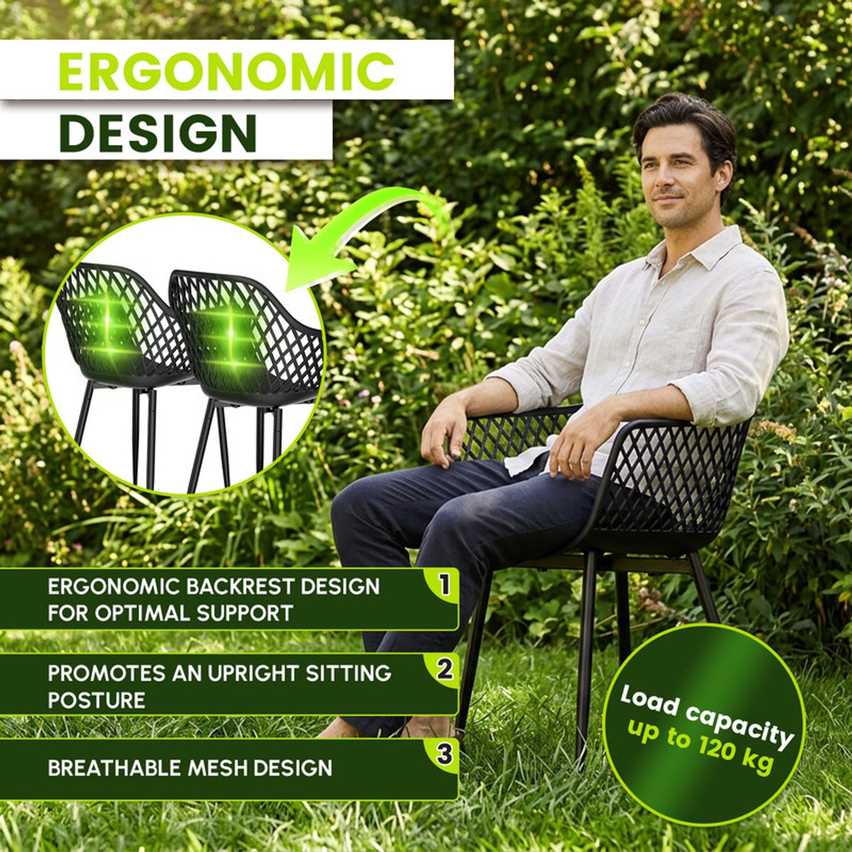 EGGREE Tuinstoelen voor buiten - set van 4 - kunststof stoelen met armleuningen en metalen poten - tuinstoelen voor buiten voor het terras - balkon - eetkamer en woonkamer - rugleuning met opengewerkt ontwerp - zwart thumbnail 8