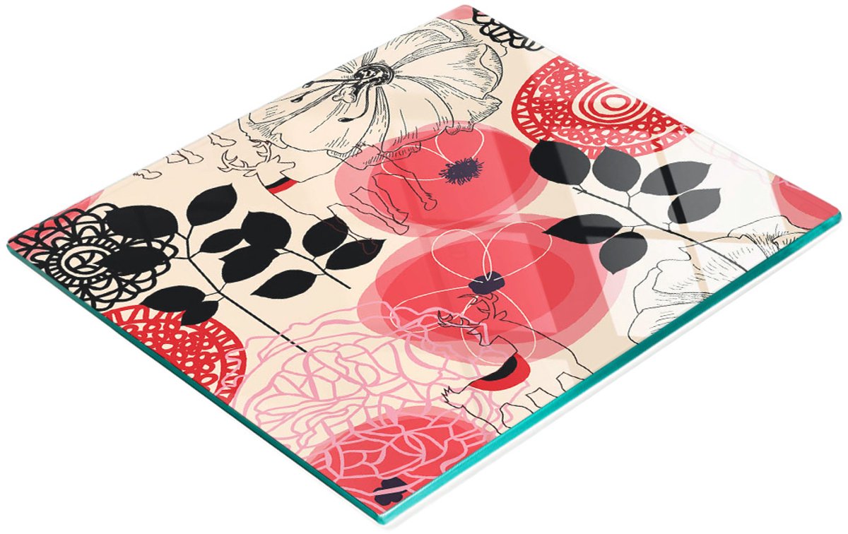 Keuken serveerplank van gehard glas met bloemenmotief, 60x52 cm