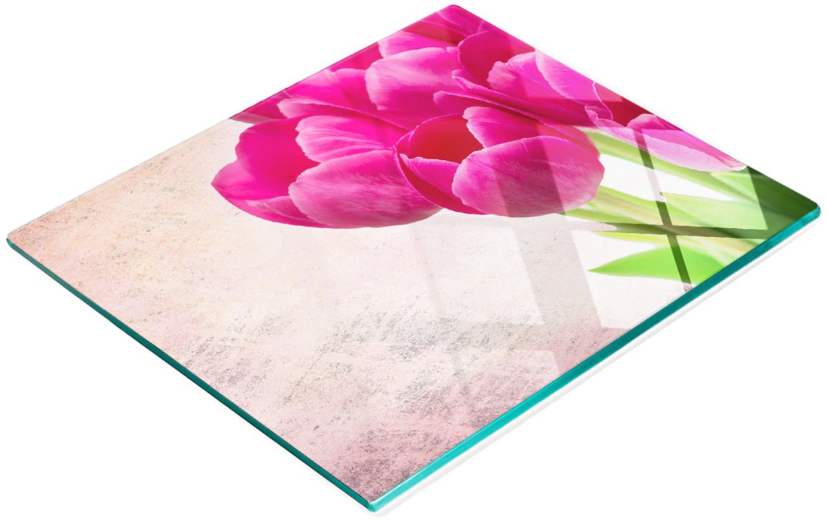 Decoratieve snijplank van gehard glas met roze tulpenmotief, 60x52 cm