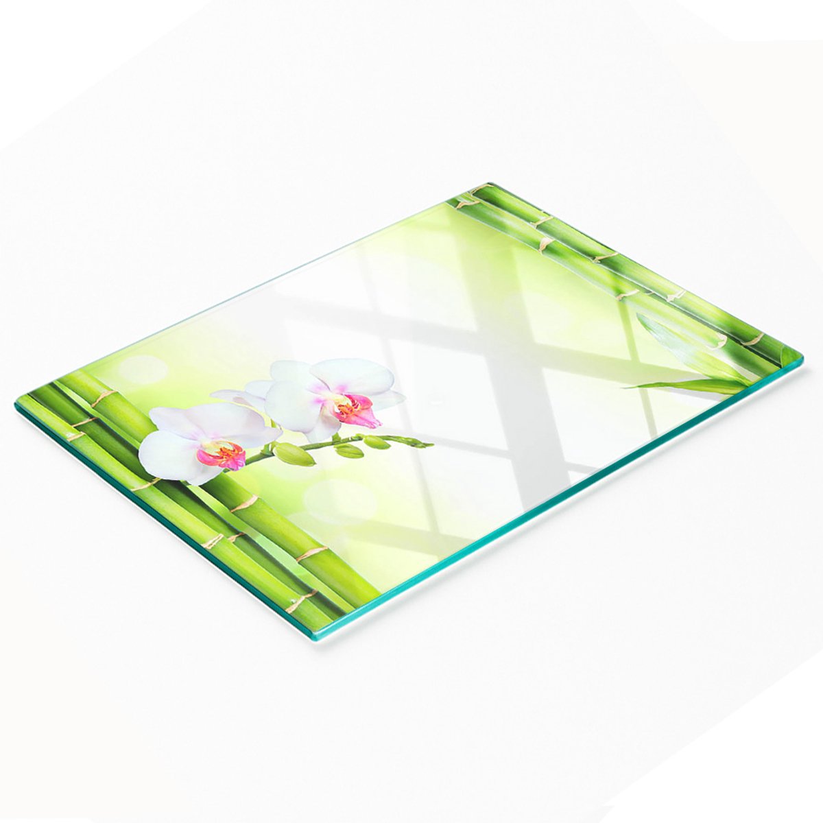 Stijlvol en duurzaam glazen bord met orchideeën- en bamboeprint, 80x52 cm