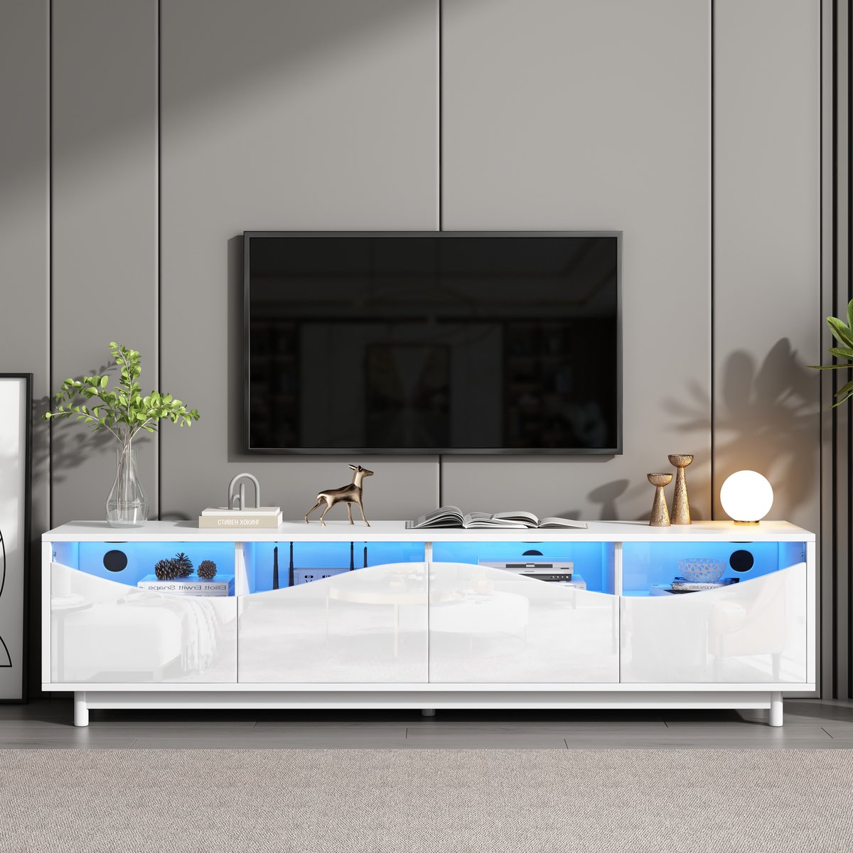 MODFU - Tv-Meubel - Gebogen Front - Ledverlichting - Modern - MDF En Gehard Glas - Wit - 175 X 38 X 51 Cm