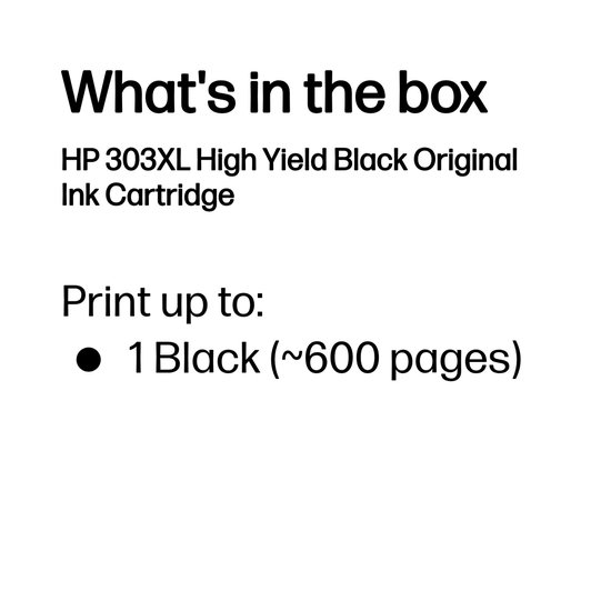 Doosinhoud: HP 303XL High Yield Zwarte Originele Inktcartridge. Print tot 1 zwarte pagina (ongeveer 600 pagina's).