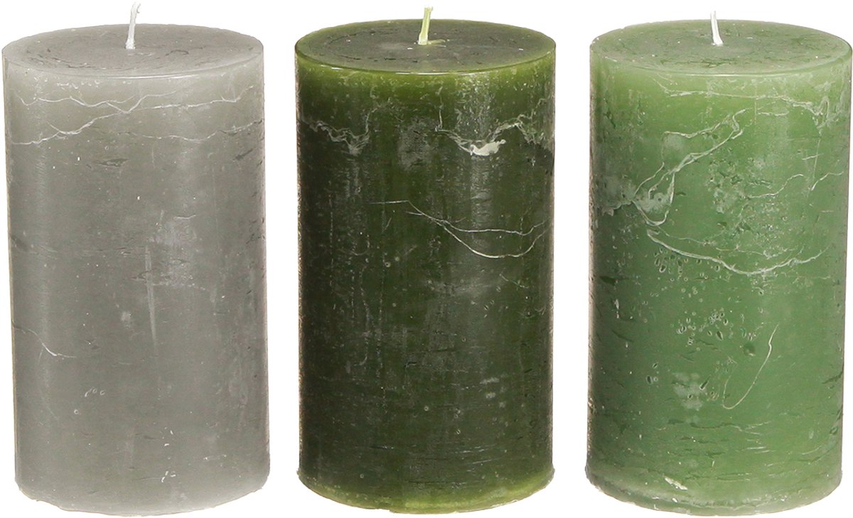 Set pilaarkaarsen, 3 kleuren, groen, effen kaarsen, tafeldecoratie, 70