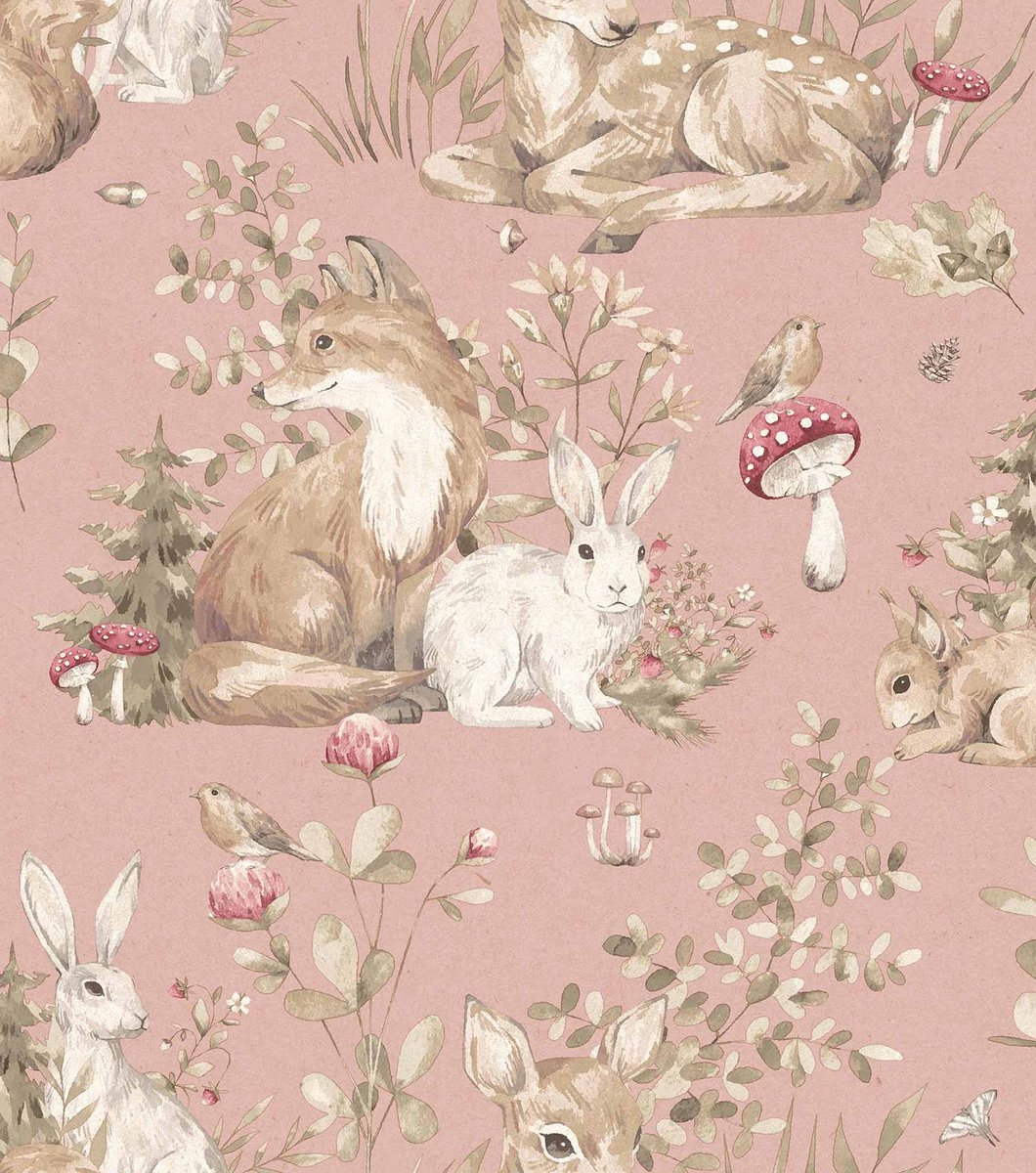 Behang - Kinderkamer – Bosdieren - Beige - Roze - Babykamer - Kinderbehang – Meisjesslaapkamer - Vos- Hert - Konijn - 0,53 x 10,05 M