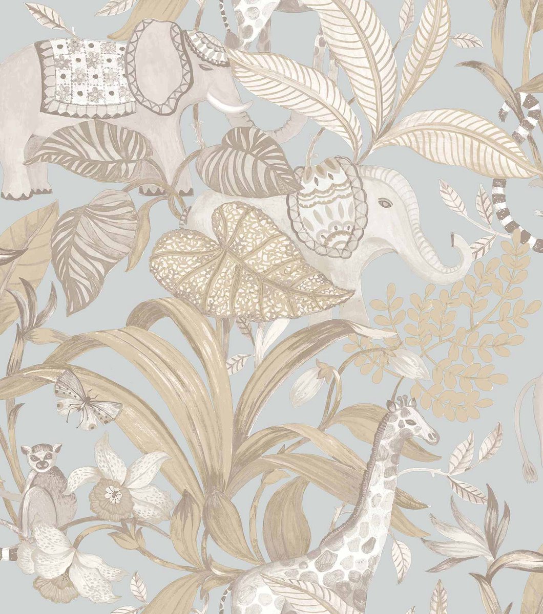 Behang - Kinderkamer – Jungle - Dieren- Beige- Grijs- Blauw - Babykamer - Kinderbehang – Jongens slaapkamer - 0,53 x 10,05 M