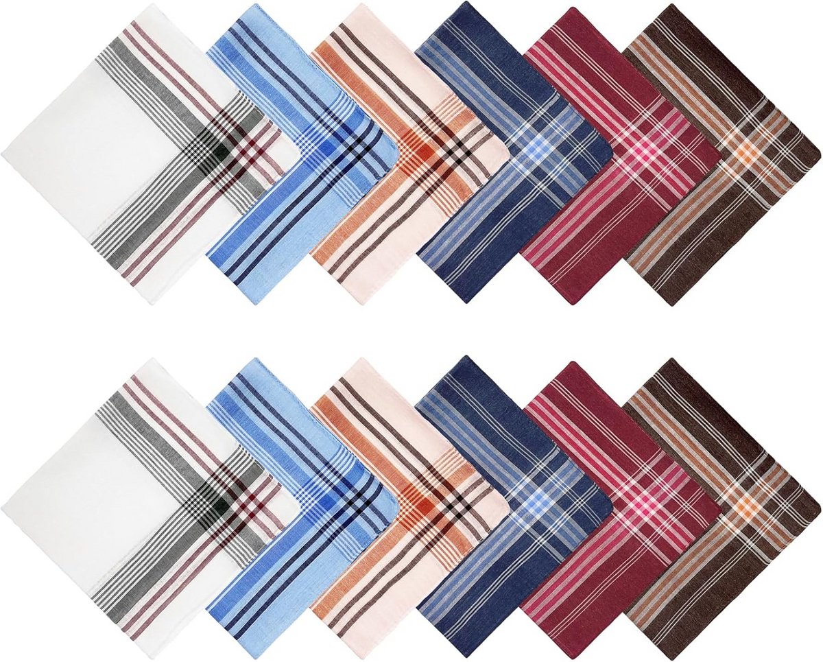 12 Pak Klassieke Heren Zakdoeken - Katoen/Polyester - Verschillende Kleuren