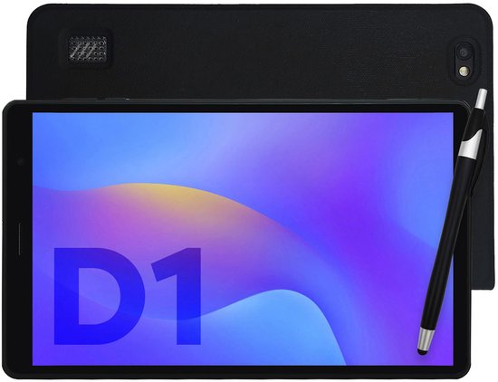 Zwarte SwayTosh Tab D1 tablet met stylus, liggend op een zwarte hoes. Het scherm toont een abstracte paarse en blauwe achtergrond met 'D1'.
