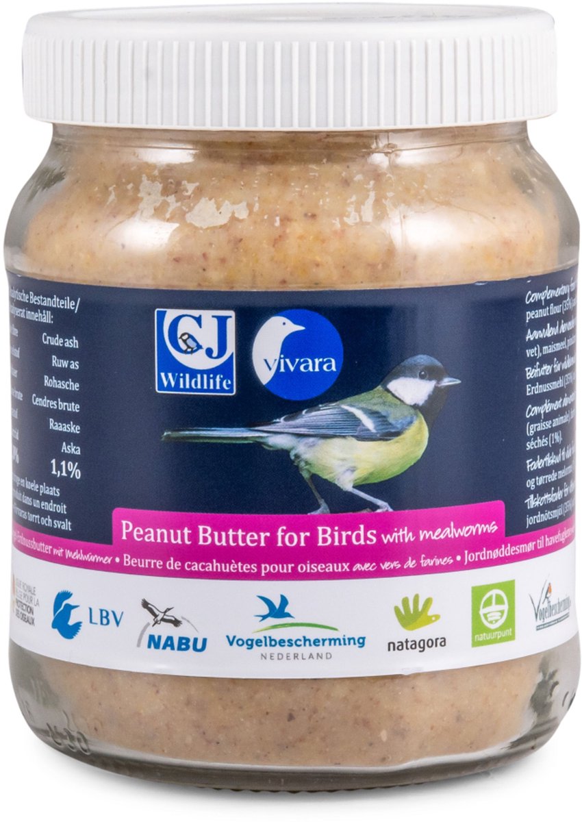 CJ Wildlife - Premium Pindakaas voor tuinvogels met meelwormen - 1x 330 g glazen pot - Zonder toegevoegd zout - Met 57% vet & 10% eiwit - Aanbevolen door Vogelbescherming Nederland