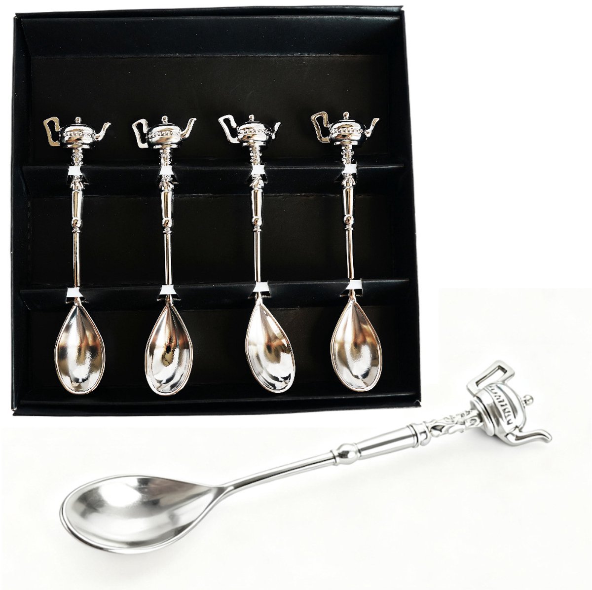 Decopatent - 4x Koffiepot Koffielepels / Theelepels Zilver - RVS Koffie & Thee Lepeltjes met Koffiepot - Zilver kleurig