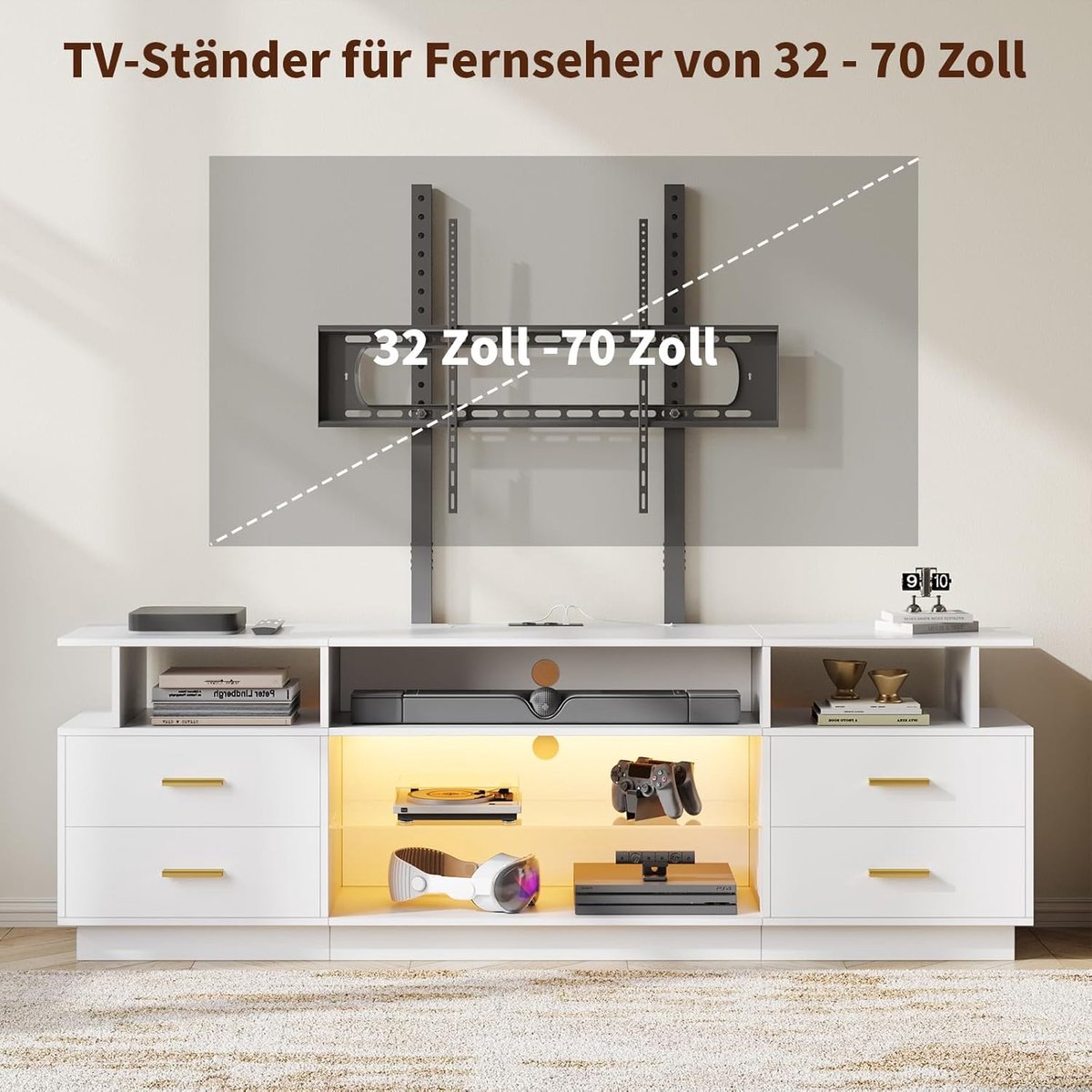 TV-meubel met TV-houder – Urbanhome SmartView Pro – In Hoogte Verstelbare TV-Standaard tot 70 Inch – LED-Verlichting RGB – TV-Kast met Stopcontacten & USB – Lowboard met 4 Lades, Glazen Planken & Open Vakken – Modern Wit