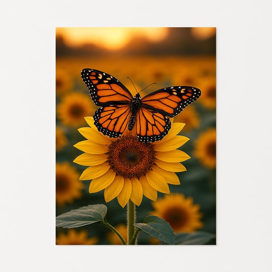 Image détaillée d'un papillon Monarque sur un tournesol, avec un coucher de soleil en arrière-plan.