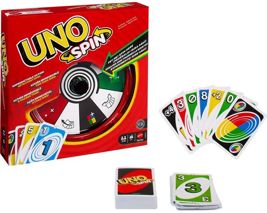 UNO Spin bordspel met rode doos, spinwiel, speelkaarten en een stapeltje kaarten.