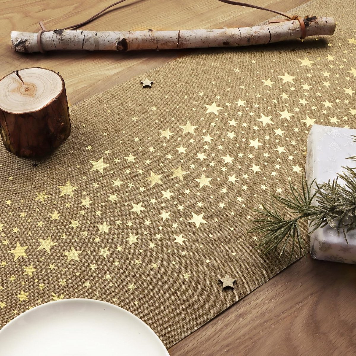 Rustieke Kerst Tafelloper Jute Look met Gouden Sterren - 28x275 cm Tafeldecoratie