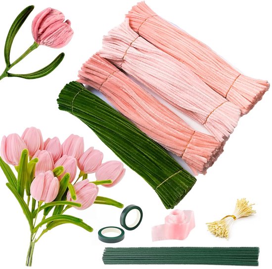 400 Stuks Pijpenragers In Rood En Groen – Met 40 Bloemstokjes, Plakband En Lijmstiften – DIY-set Voor Bloemstukken En Creatieve Projecten
