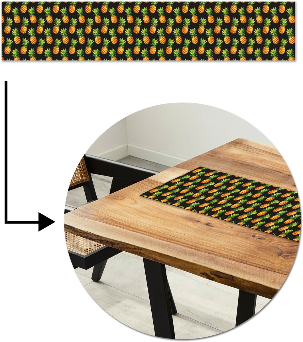 Tafelloper 150x30 cm - Tafelmat vinyl Tropische - Ananas - Zwart - Tafeldecoratie - Tafelversiering - Keuken decoratie - Tafel versiering