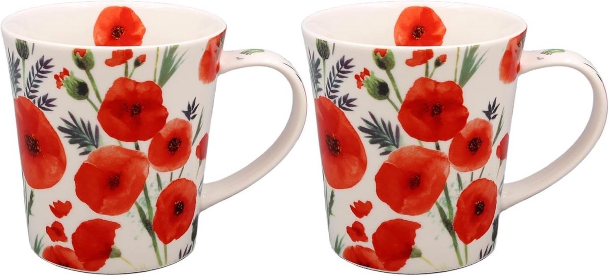 Set van 2 of 4 keramische mokken met prachtig klaproos bloemendecor