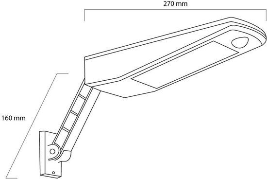 Schematische weergave van de afmetingen van een zwarte solar wandlamp: 270 mm lengte, 160 mm hoogte.
