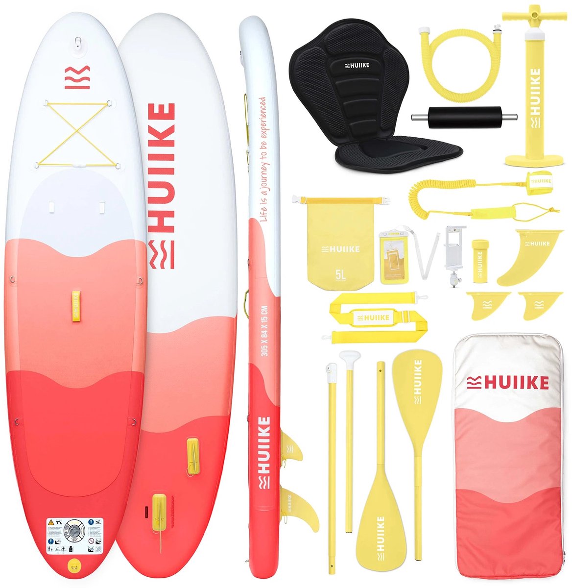 HUIIKE SUP Board - Opblaasbaar Paddle Board met Accessoires, Peddel, Vinnen, Pomp - Stand Up Paddle met Hoge Stabiliteit - 305 x 84 x 15 cm - Max. 130 kg