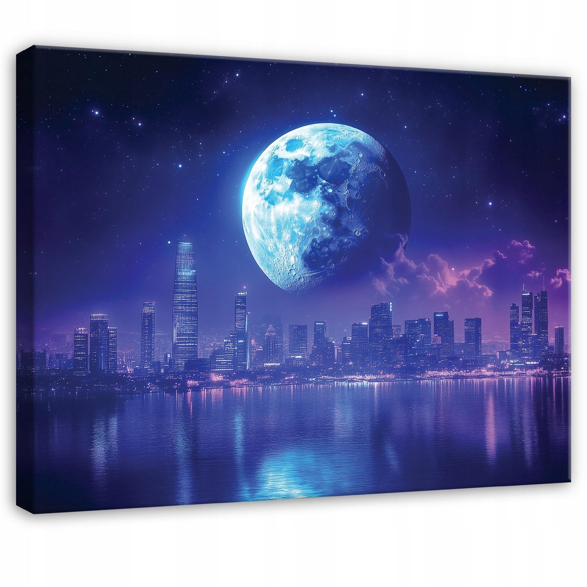 WALLARENA Schilderij op canvas - 40x30 cm - stad maan nacht panorama - Geschikt voor slaapkamer en woonkamer Veelkleurig