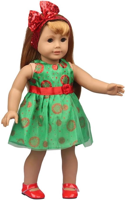 Poppenkleding Set - Kerst Jurkjes - Poppen Aankleden - Inclusief Haarband - 46 cm Poppen - Groen — afbeelding 4