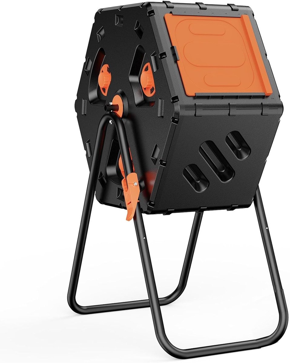 Draaibare Compostbak - Composttrommel Tuin - Compost Maken Buiten - 360 Graden Draaibaar - 84 Liter Inhoud - Zwart Oranje