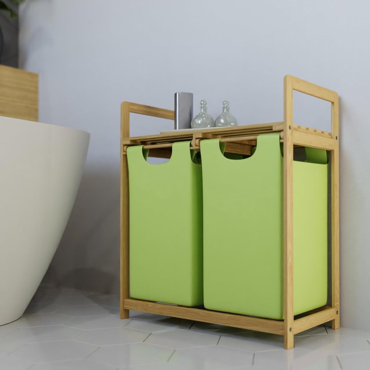 Bamboe wasmand - Wasverzamel kist - Kleding sorteren - Met legplank - 63 x 33 x 76 cm - Groen