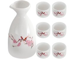 Japanse Sake Set - Keramiek Drinkset - Thuisgebruik - Hittebestendig Materiaal - 1 Fles 6 Glazen - Bloemmotief