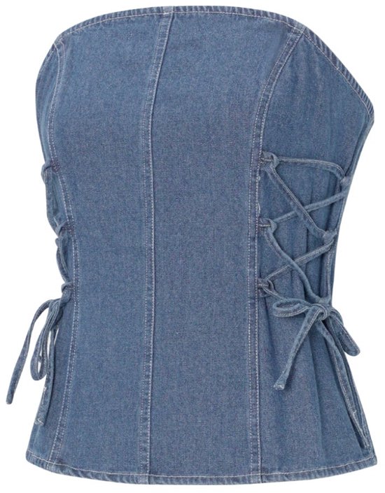 Blauw denim korsettop met veterdetails aan de zijkanten.