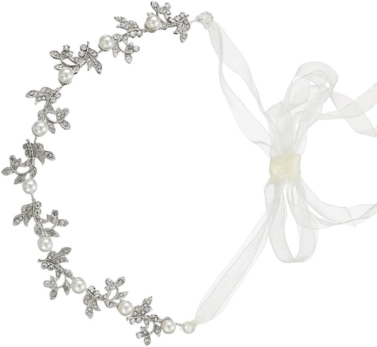 Bruid Haar Sieraad - Parel Haarband - Bruiloft Feest - Handgemaakt Bladontwerp - 29x4cm - Zilver