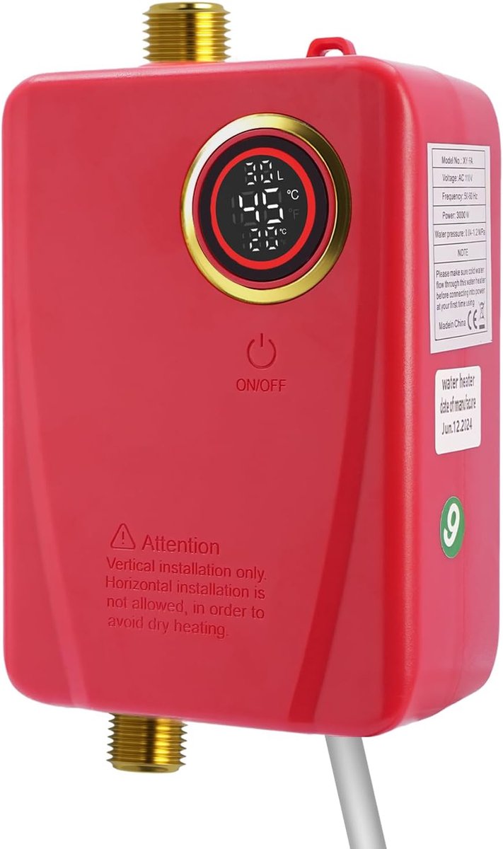 Directe Waterverwarmer - Doorstroomverwarmer LED - Direct Warm Water - IPX4 Waterdicht - 3500 W - Rood