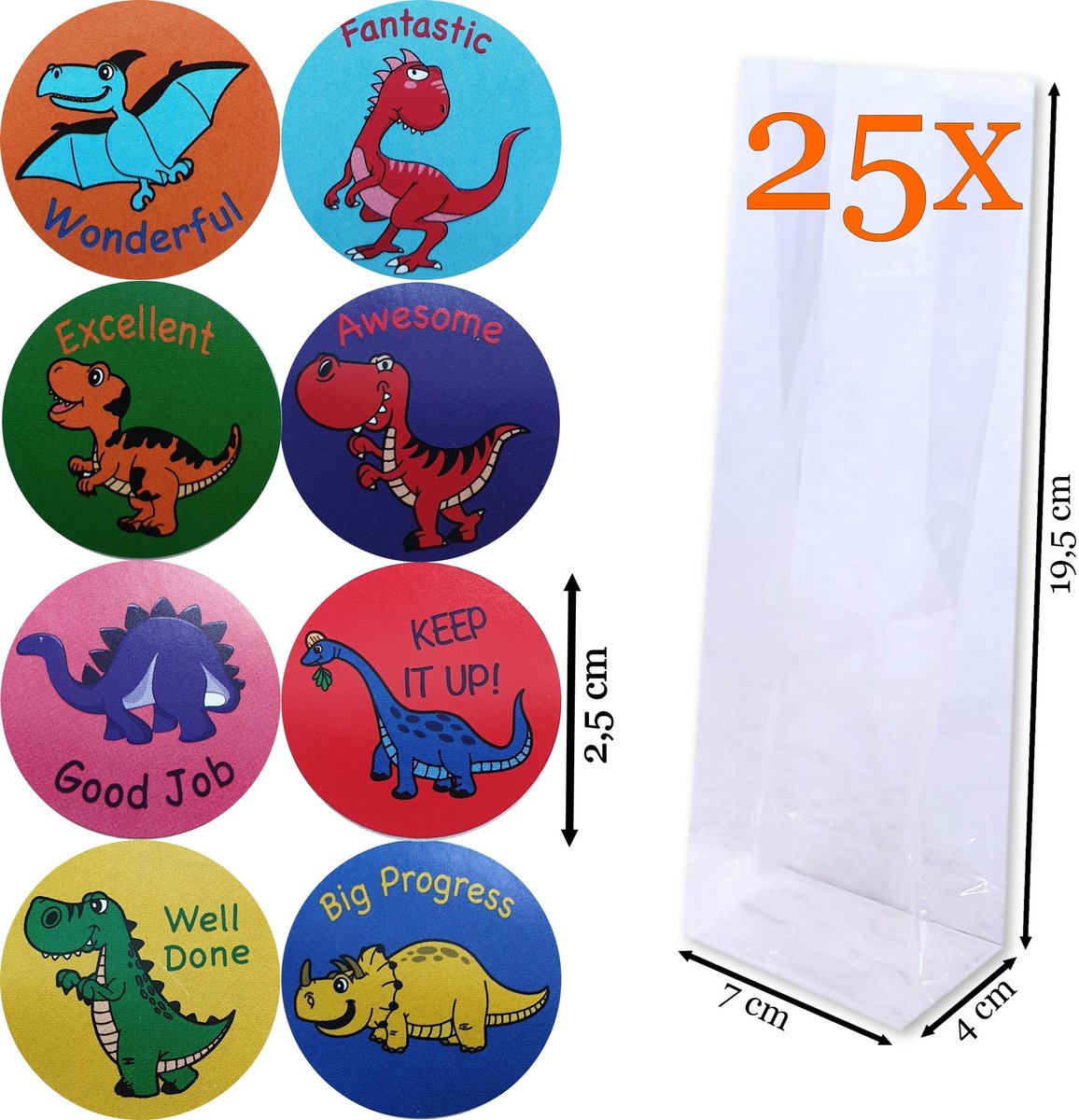 Prigta - Cadeauzakjes Transparant + Sluitstickers dino's – 25 Stuks – 7x4x19,5 cm