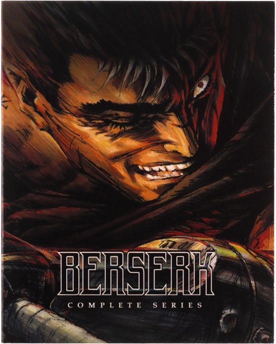 Berserk Complete Series box art met close-up van een woedend gezicht met een bril aan.