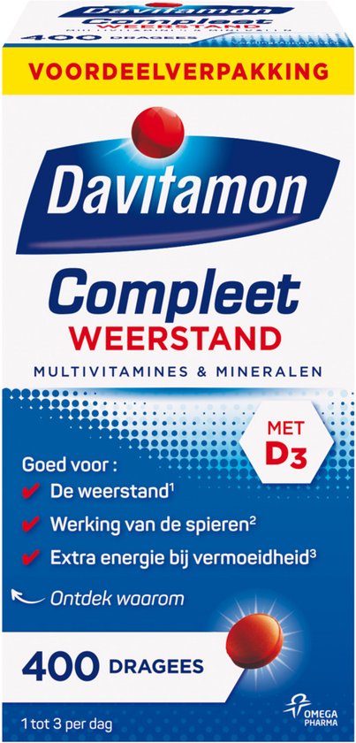 Davitamon Compleet Weerstand multivitamine & mineralen voordeelverpakking. 400 dragees voor de weerstand, spieren en energie.