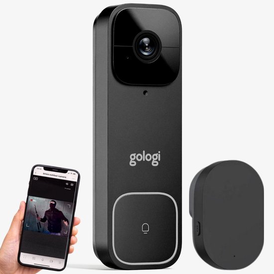 Sonnette vidéo Gologi - Sonnette intelligente avec caméra et WiFi - Qualité vidéo HD - Sans fil sur batterie - Comprend support mural et carillon - Vision nocturne - Étanche - Noir