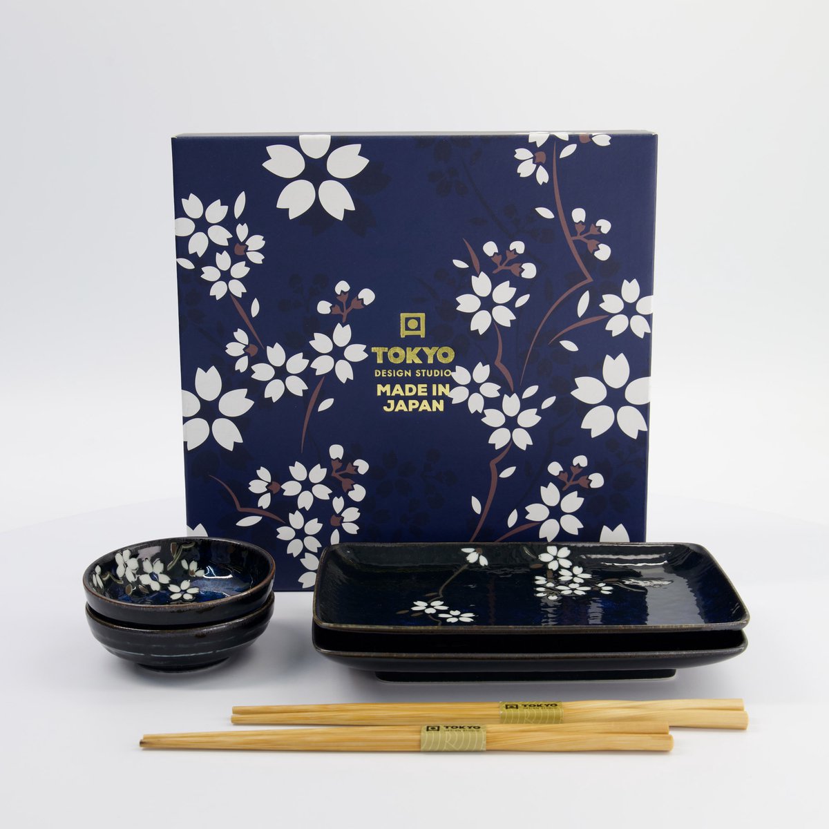 Tokyo Design Studio – Cobalt Blue Sakura – 6-delige Sushi Cadeauset – 20,5×13,2×2,5cm & 9,5x3cm