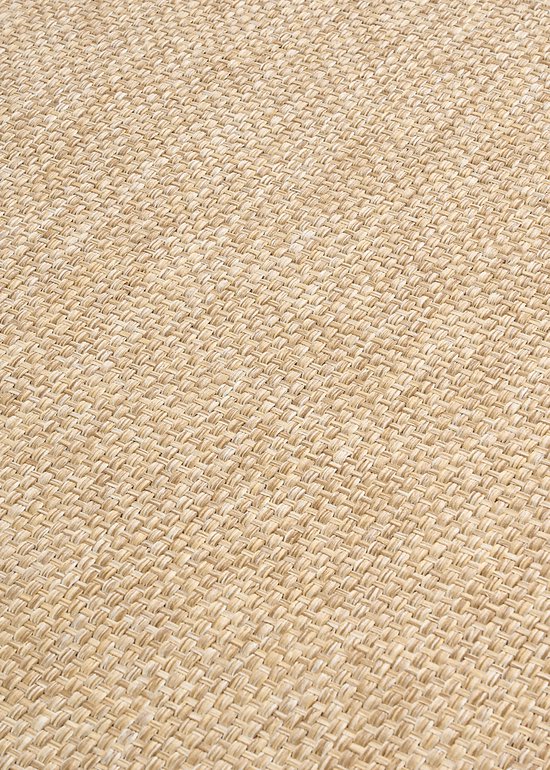 Gros plan d'un tapis beige chiné à motif tissé plat et serré.