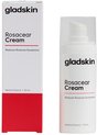 Flesje en doosje Gladskin Rosacear Cream. Flesje en doosje zijn wit met grijze en rode accenten.
